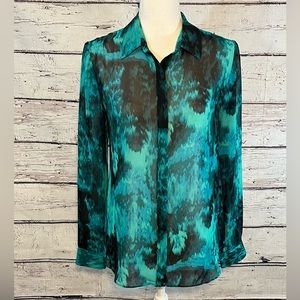 VINCE CAMUTO Sheer Button Down Shirt Teal Blue Green Print-Small
